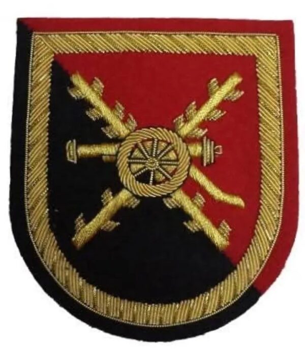 Artillery crossed cannons embroidered patch with gold embroidery on red and black shield