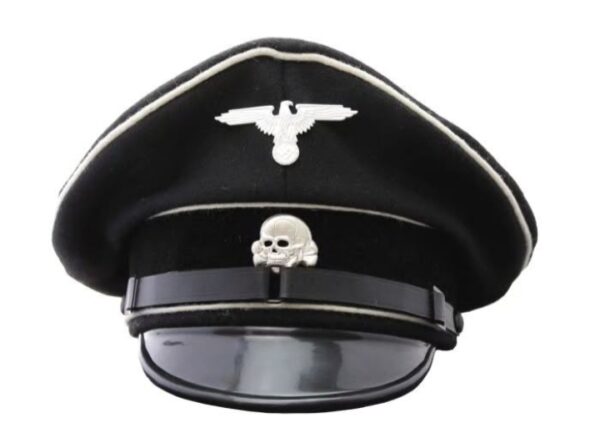 WWII German SS officer black visor cap with eagle insignia and skull badge.