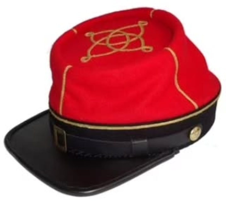 Civil War Union officer red kepi cap with gold piping and embroidered design.