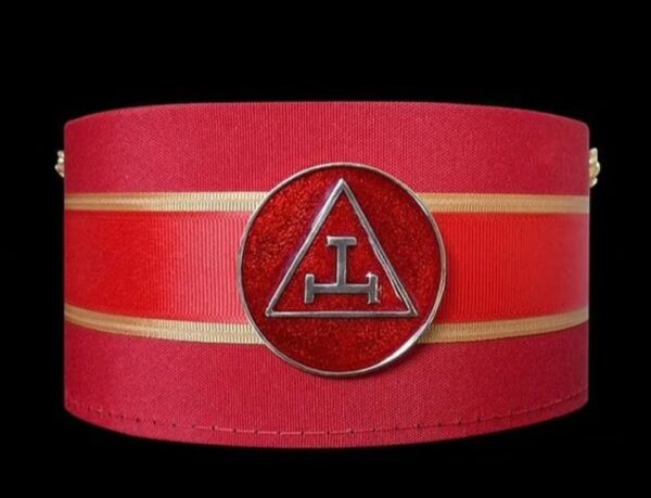 Red Masonic ceremonial cap with golden embroidery design