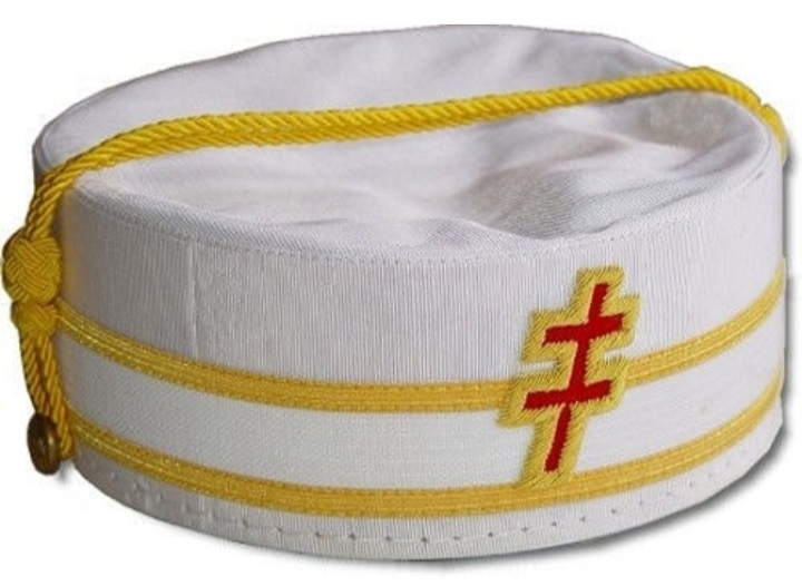 White Masonic Knights Templar Cap with Red Cross and Gold Trim