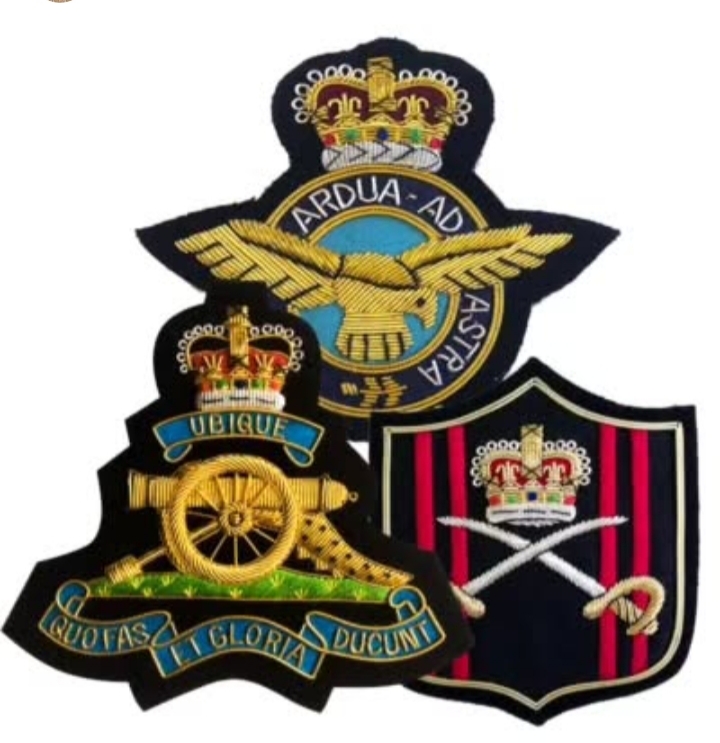 Set of embroidered military badges featuring crown, wings, artillery cannon, and crossed swords designs.