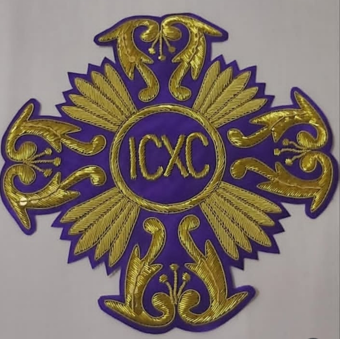 Handmade ICXC gold and purple embroidery patch cross design by Yamima Sports.