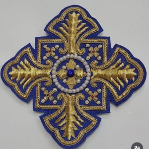 Handmade Blue & Gold Cross Embroidery Batch – Decorative Church Emblem by Yamima Sports