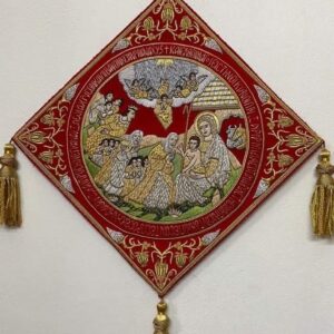 Handmade Nativity Scene Embroidery Wall Hanging – Red & Gold Religious Tapestry by Yamima Sports