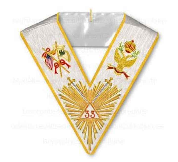 Hand-embroidered Masonic 33rd Degree collar with gold and red emblems on white fabric and golden trim.