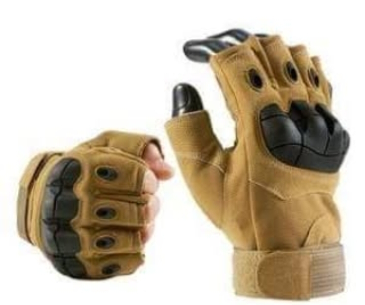 Tan tactical half-finger gloves with black hard-knuckle protection and adjustable wrist strap.