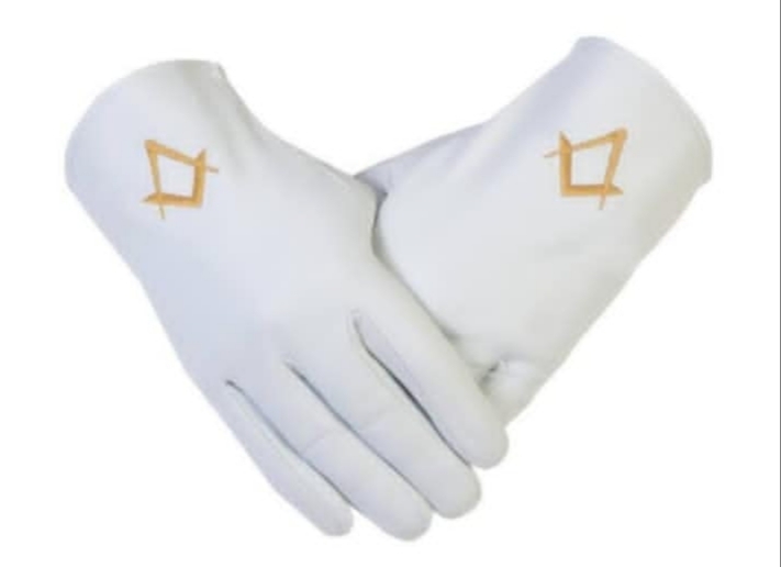 Pair of white cotton Masonic gloves with gold embroidered Square and Compass symbol.